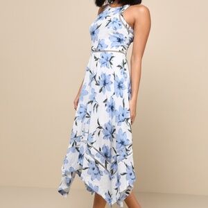Lulus Zahara Blue And White Floral Print Midi Dress - Size S